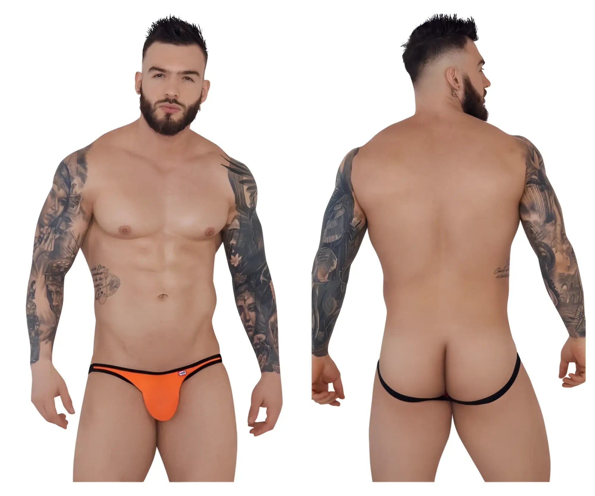 Orange and black low-rise thong jockstrap by pikante with mesh material and sporty design front view