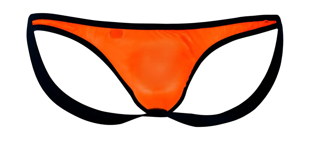 Bright orange pikante PIK 1280 sonar jockstrap mesh thong with black trim showing the front side
