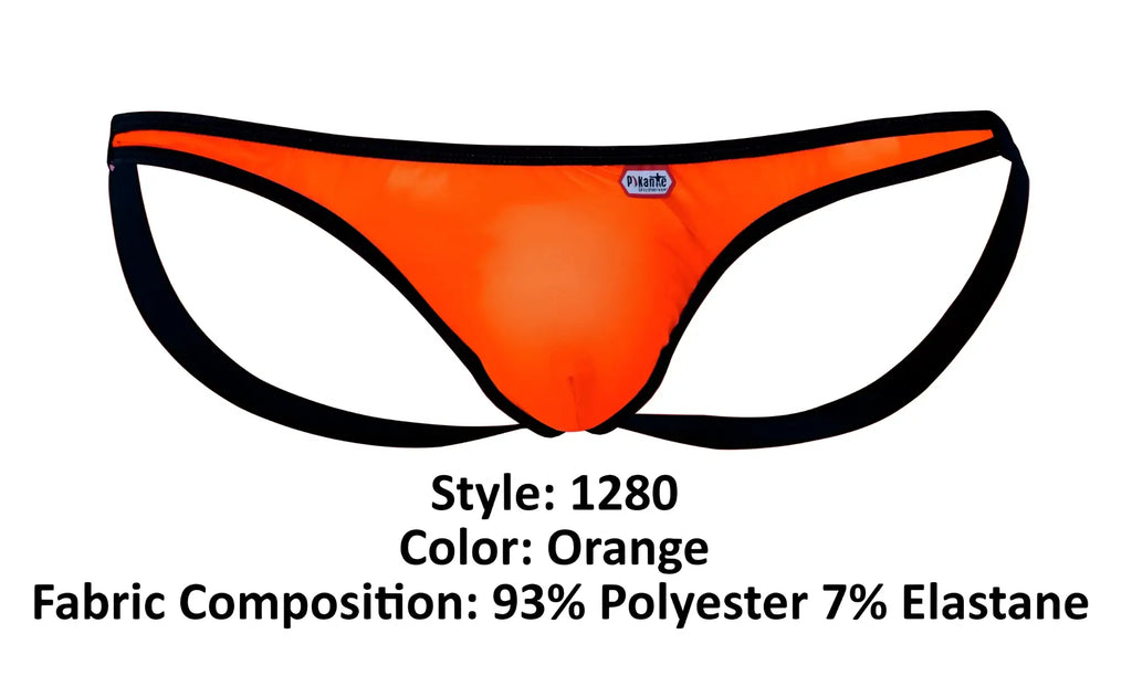 Bright orange pikante PIK 1280 sonar jockstrap thong with black trim made of 93 polyester 7 elastane
