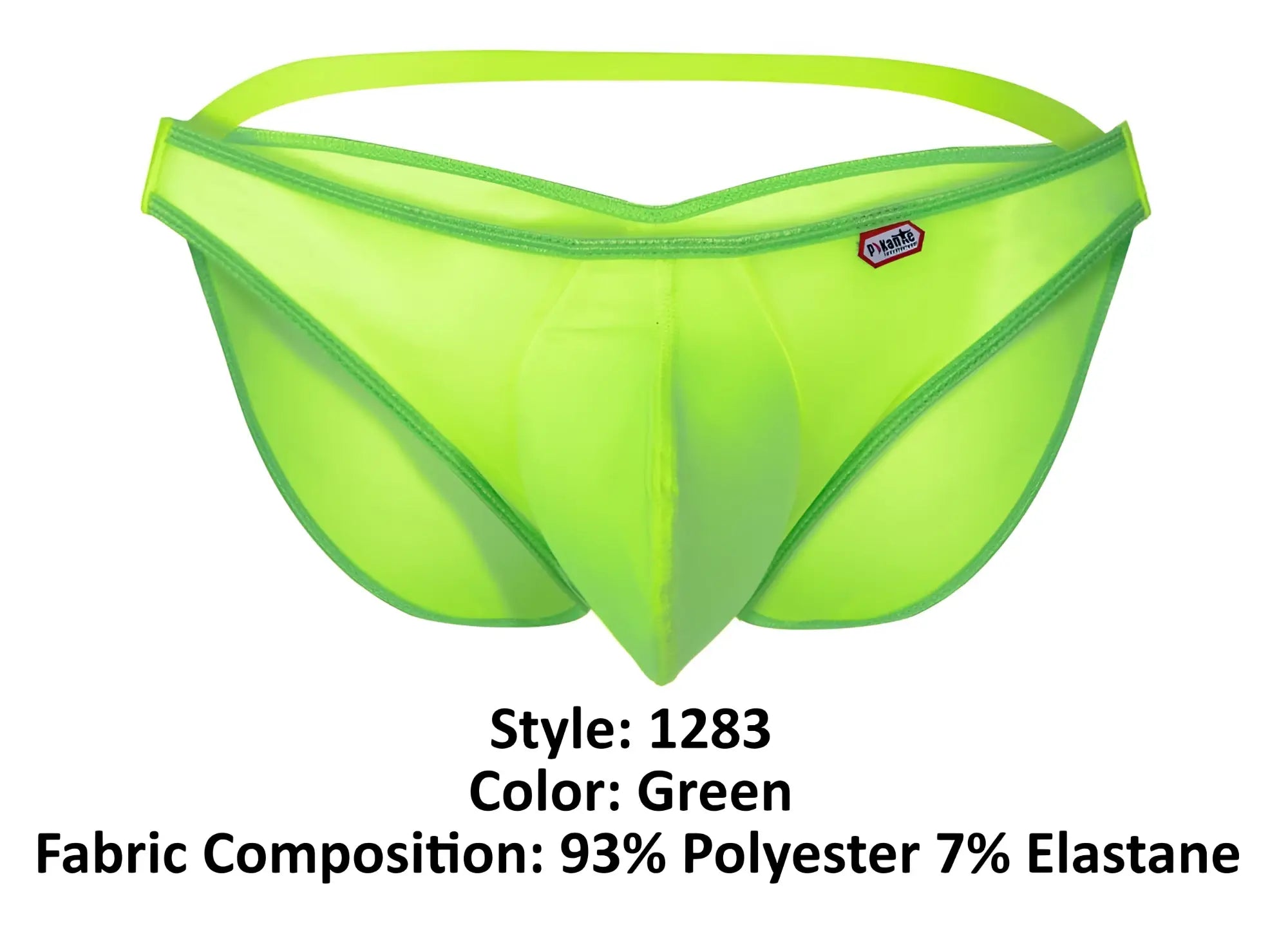 Bright green pikante pik 1283 bestival bikini briefs with bright green mesh, elastic waistband, and snug fit