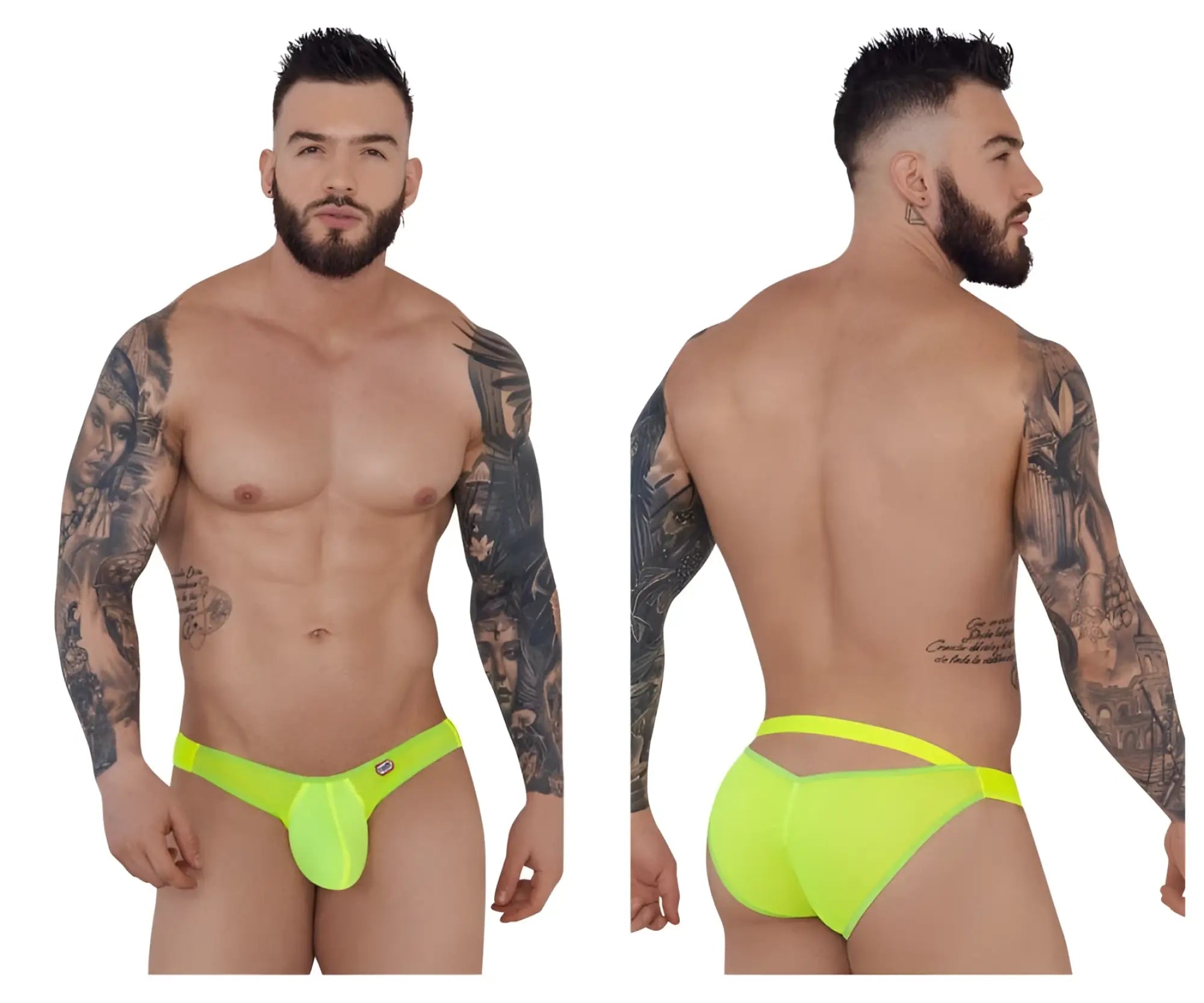 Bright neon green form-fitting pikante pik 1283 bestival bikini men’s underwear with distinctive cutout design