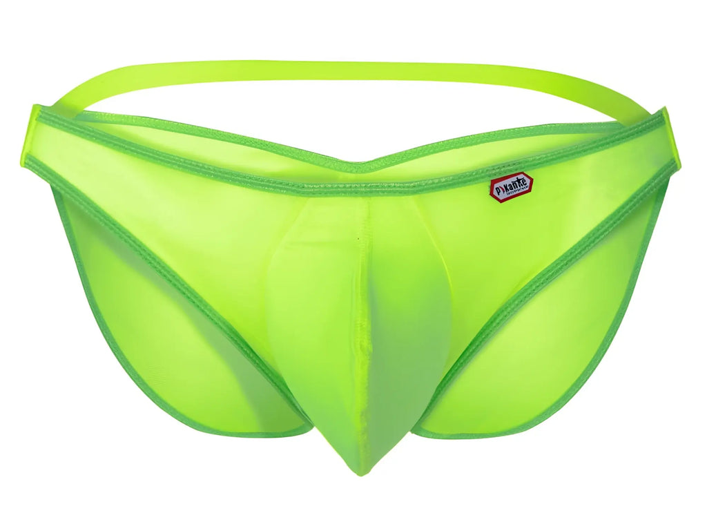 Bright neon green mesh briefs with matching elastic waistband and reinforced stitching from pikante bestival bikini collection