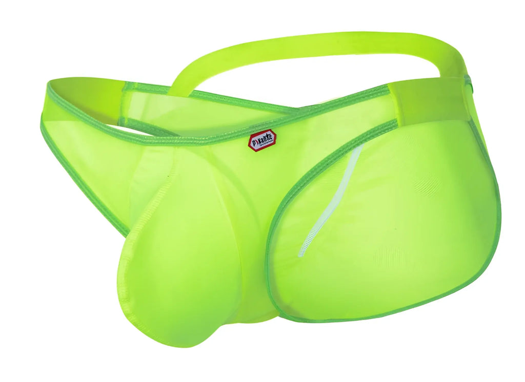 Pikante pik 1283 bestival bikini bright neon green mesh briefs with supportive contoured design and red logo waistband