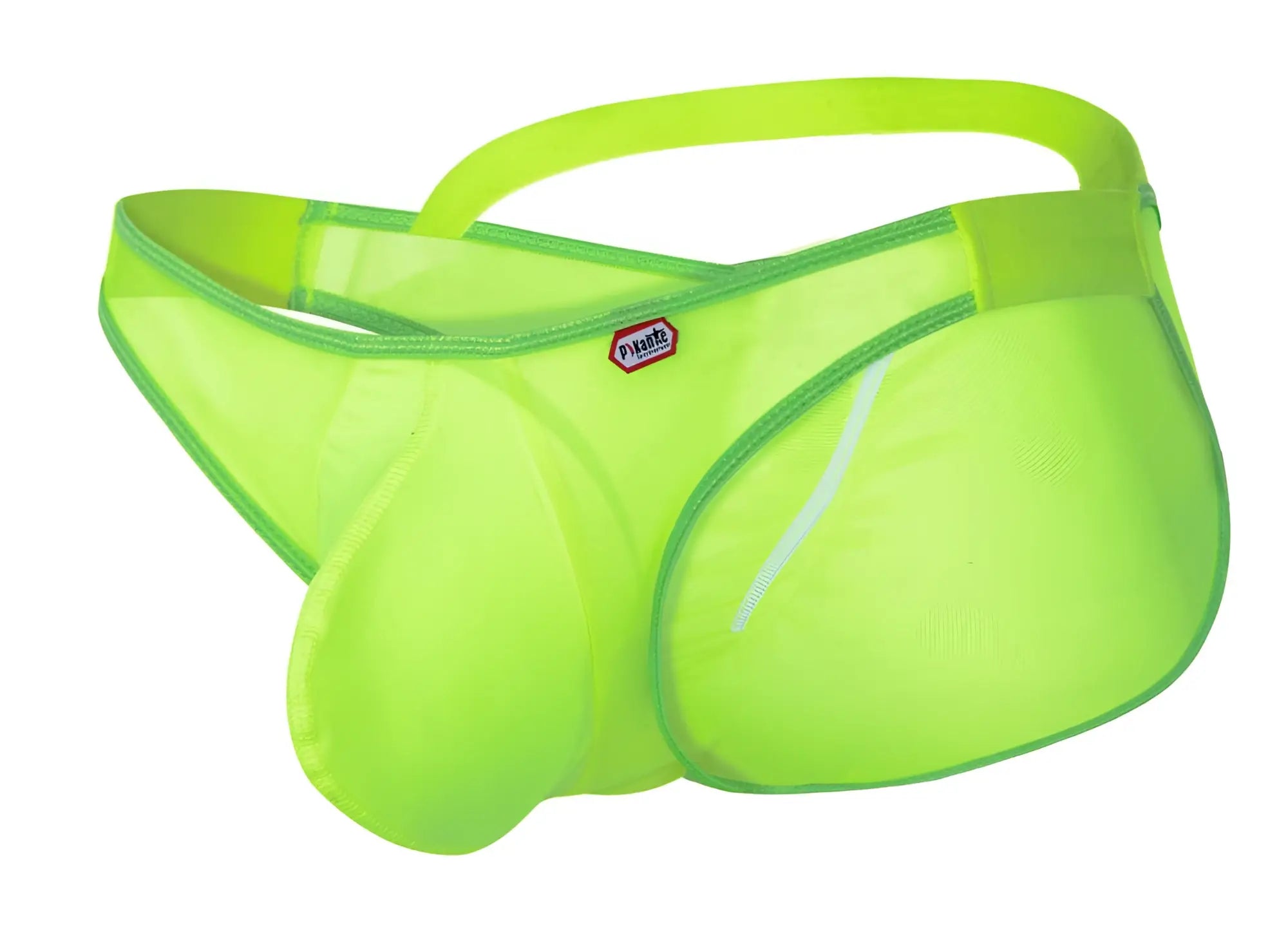 Pikante pik 1283 bestival bikini bright neon green mesh briefs with supportive contoured design and red logo waistband