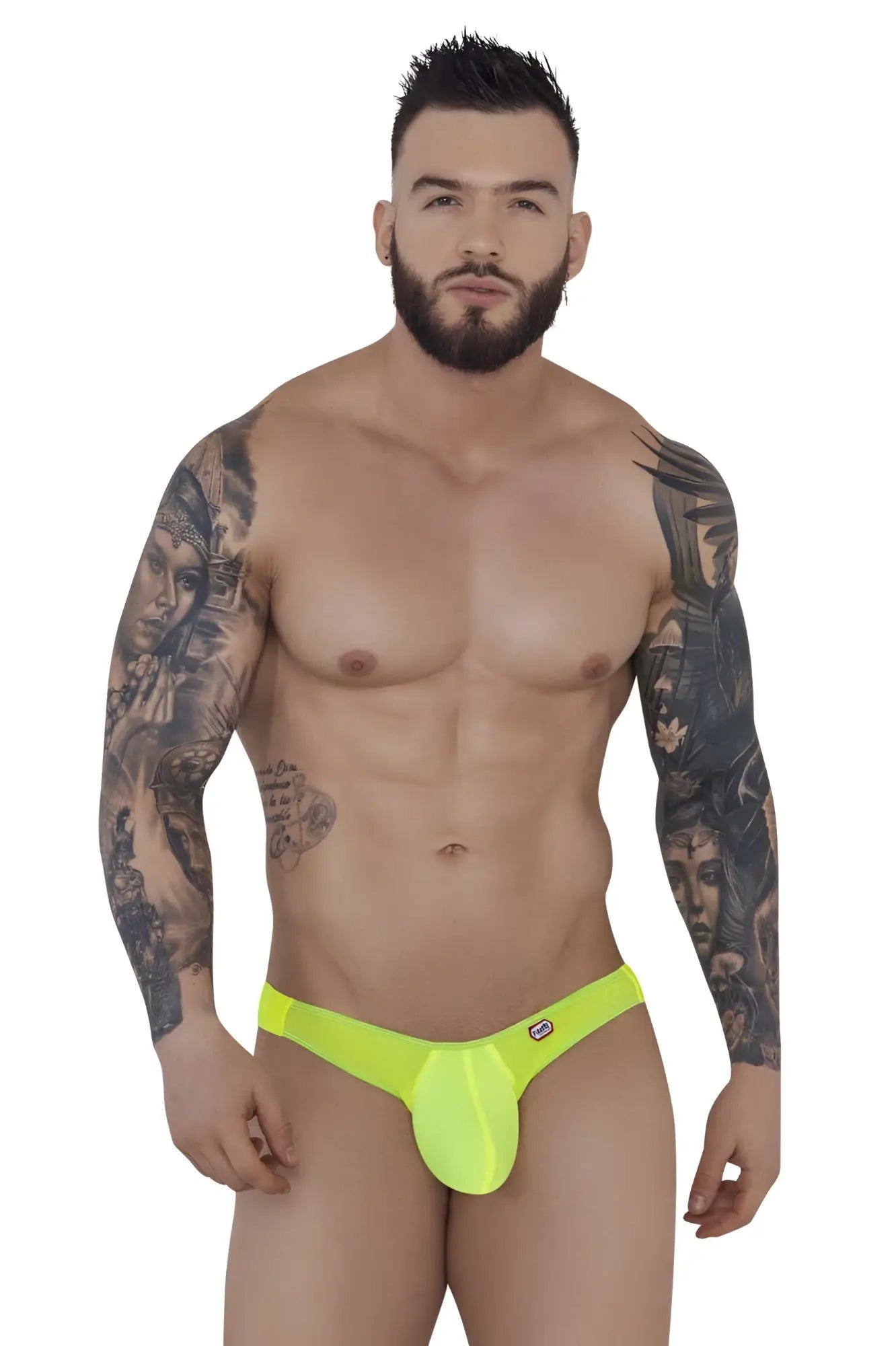 Bright neon yellow form-fitting thong with smooth stretchy fabric and small brand logo on the side by Pikante PIK 1283