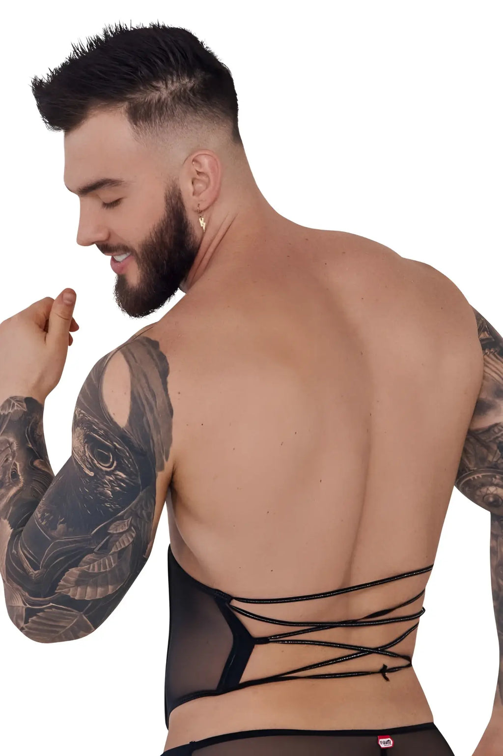 Back view of pikante pik 1288 mutek corset black sheer mesh backless top with crisscross lace-up detailing