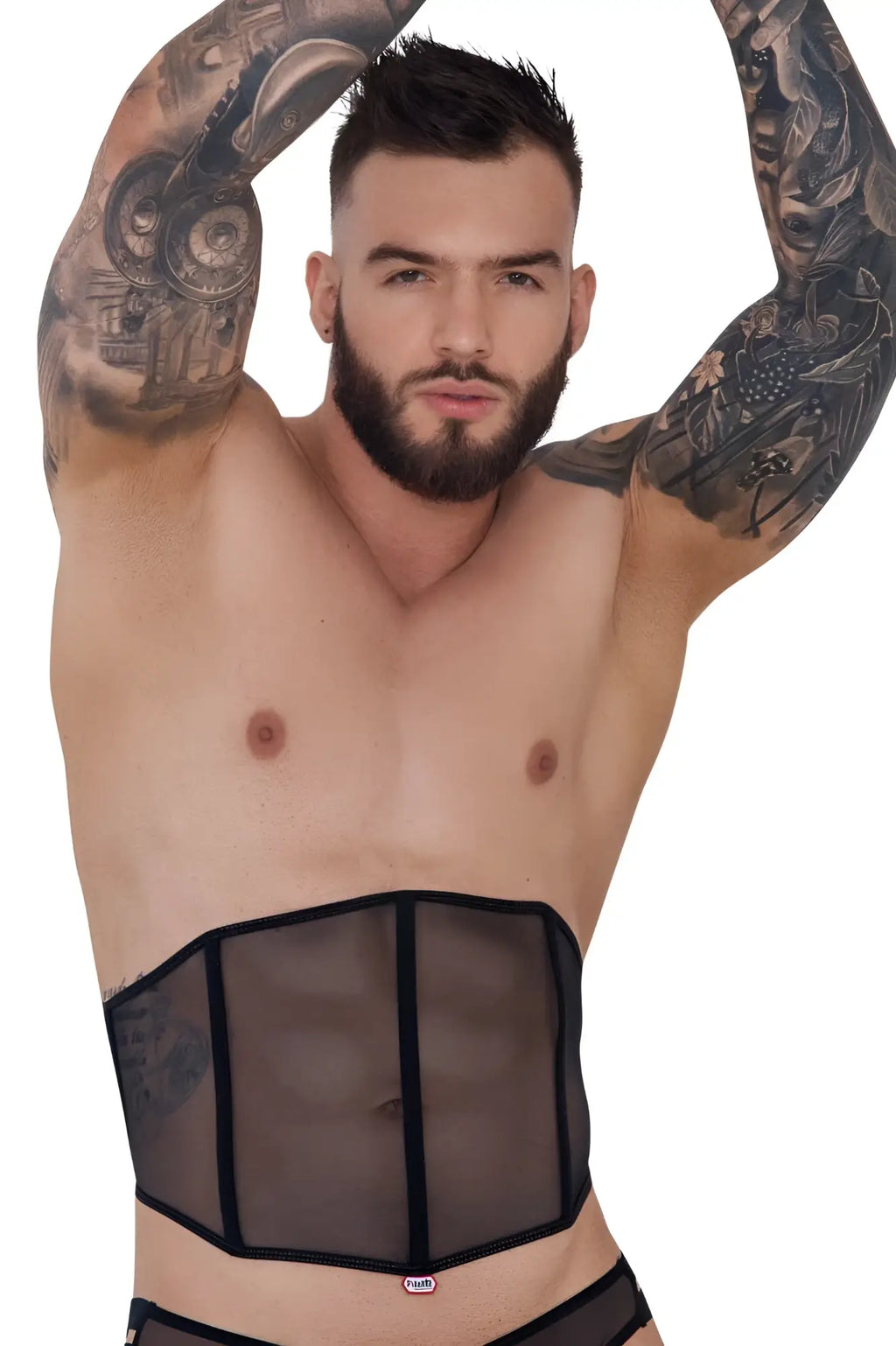 Black sheer mesh corset belt with elastic trim and red logo front by pikante pik 1288 mutek corset color black