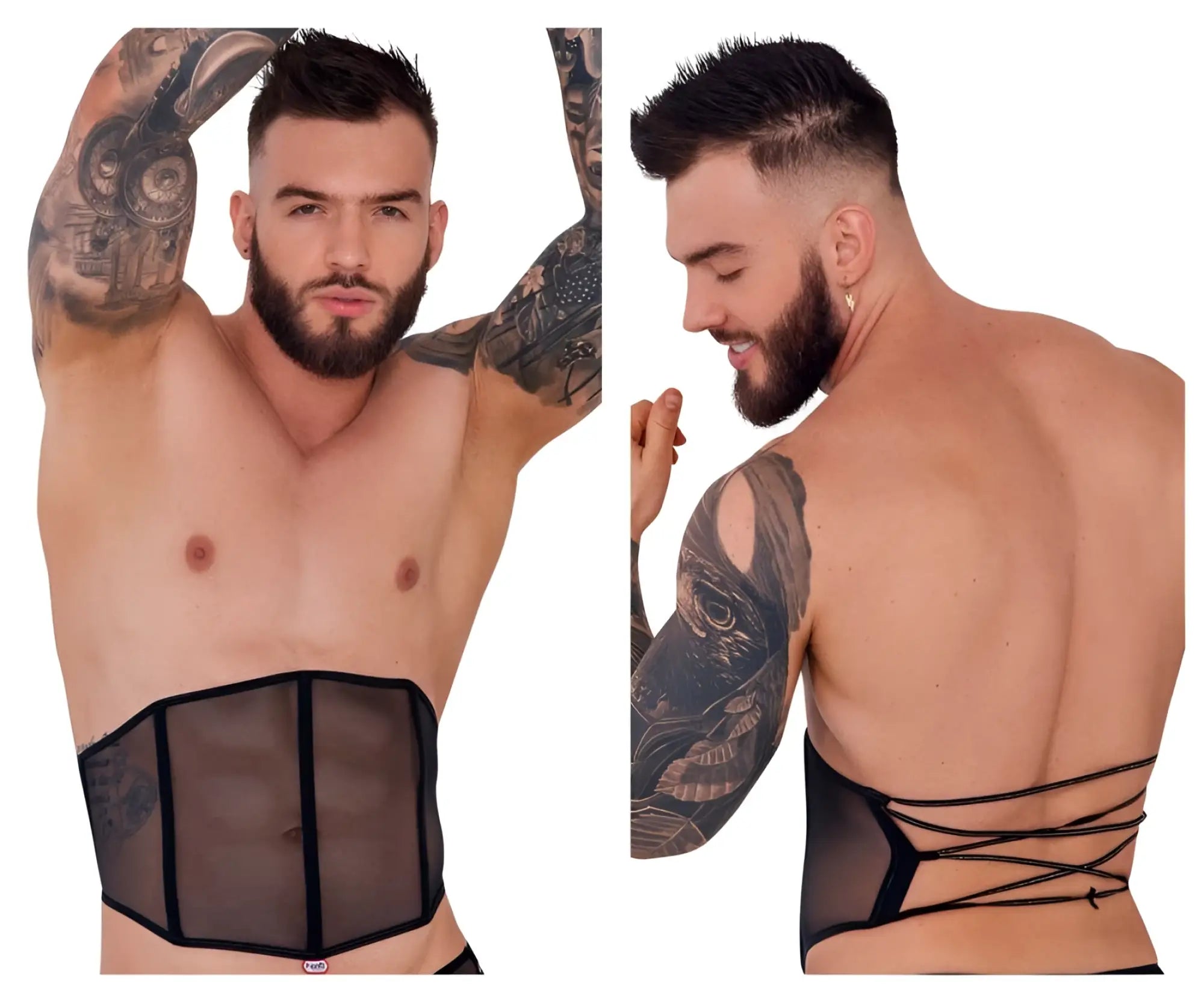 Black sheer mesh waist cincher with black elastic straps and lace-up back design shown from the back side