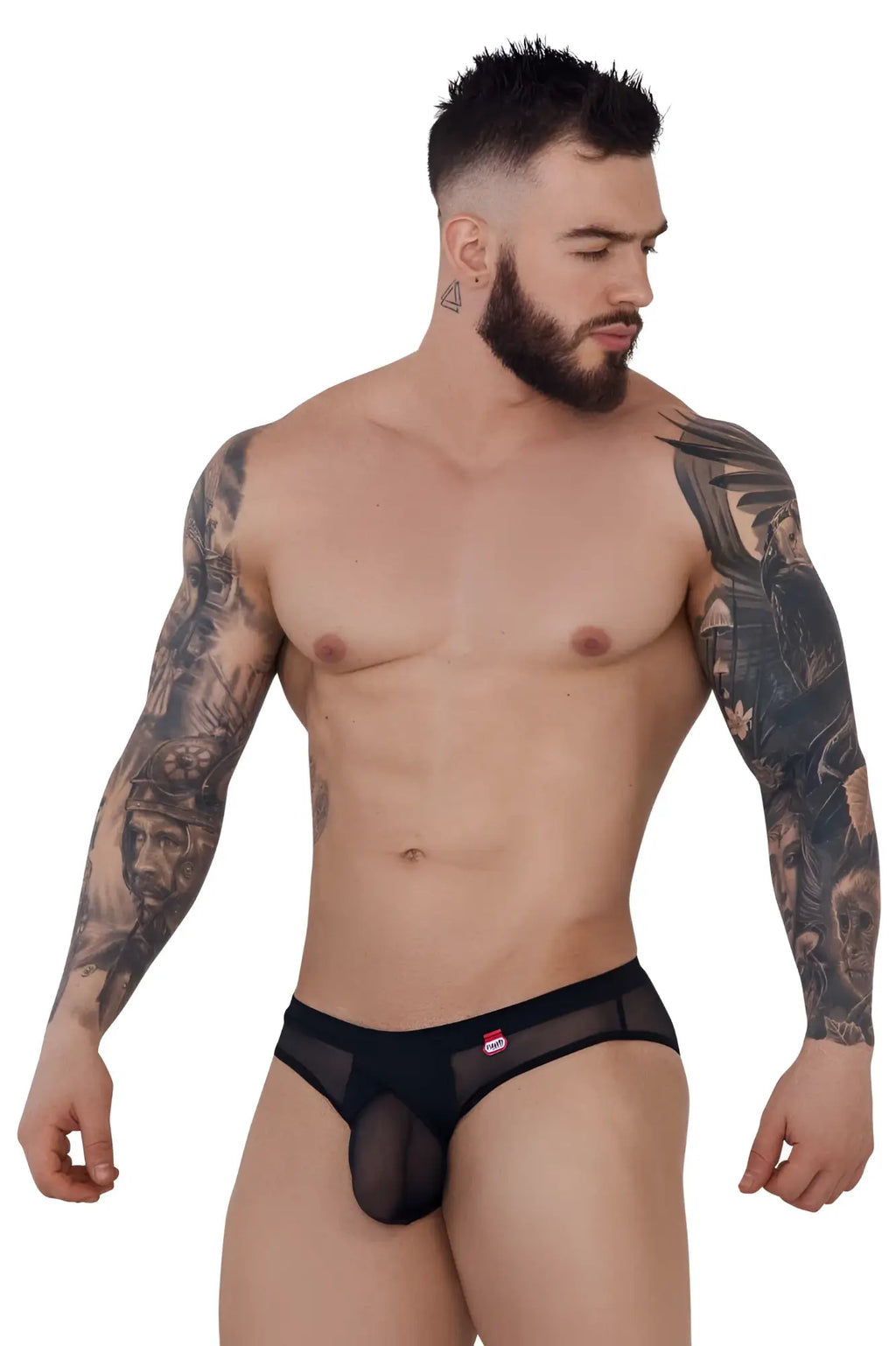 Black sheer mesh briefs with solid black front panel and red logo waistband pikante pik 1289 itadaki briefs color black