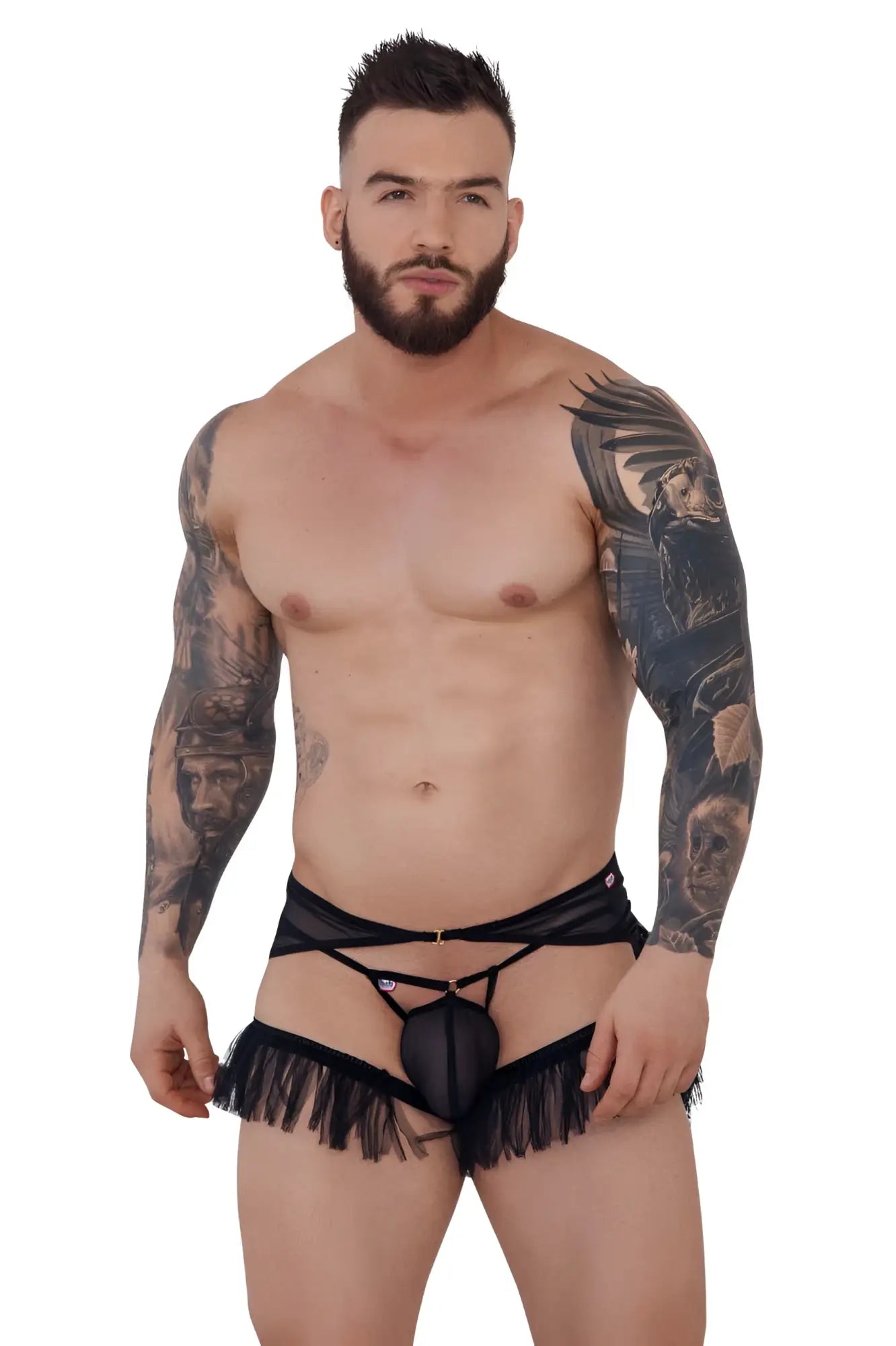 Black lace thong with fringe detailing and jockstrap style by pikante in black color showing the back side