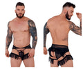 Black lace-trimmed fringed mens lingerie briefs with sheer mesh front and adjustable straps pikante pik 1294 greenman jockstrap