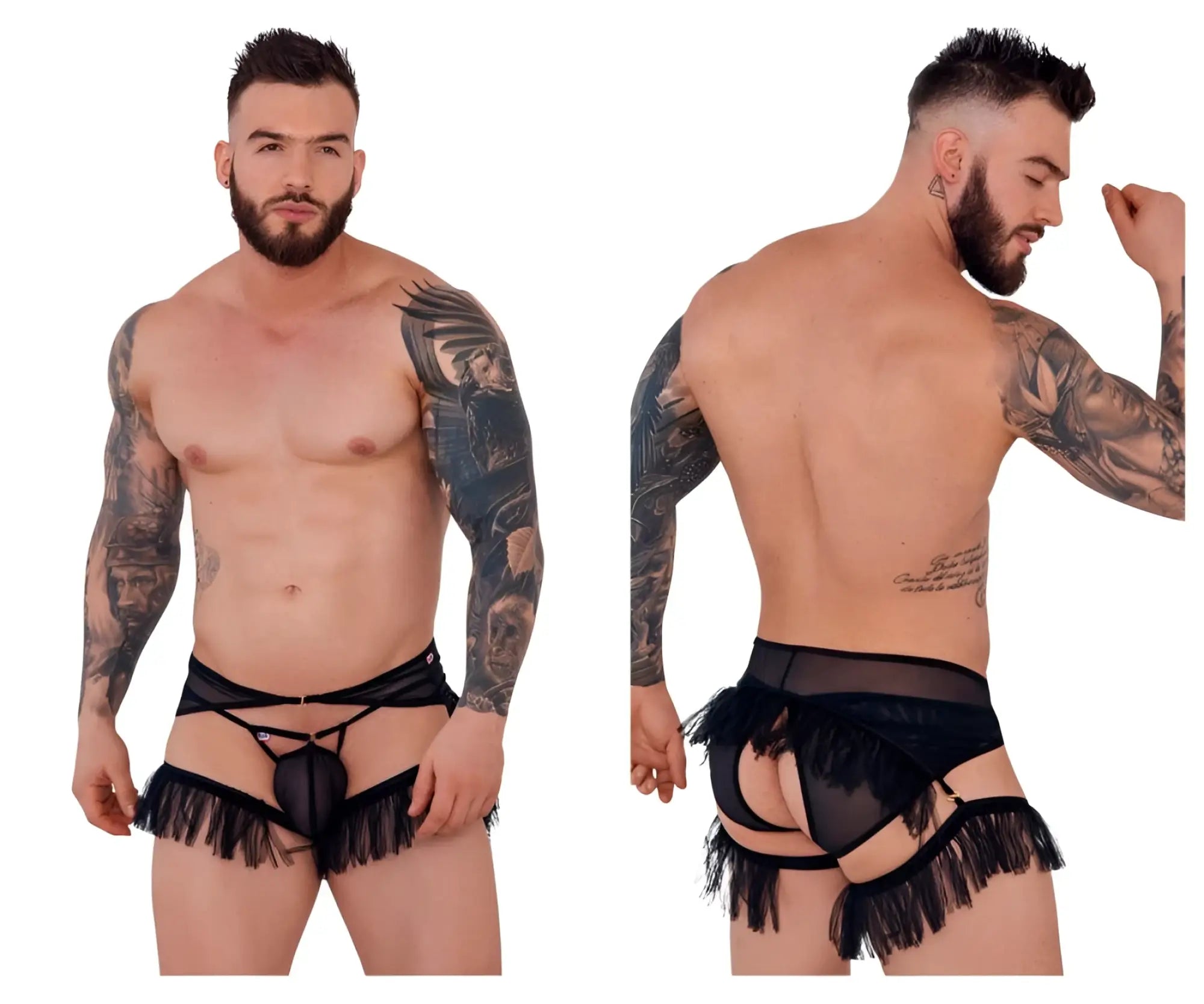 Black lace-trimmed fringed mens lingerie briefs with sheer mesh front and adjustable straps pikante pik 1294 greenman jockstrap