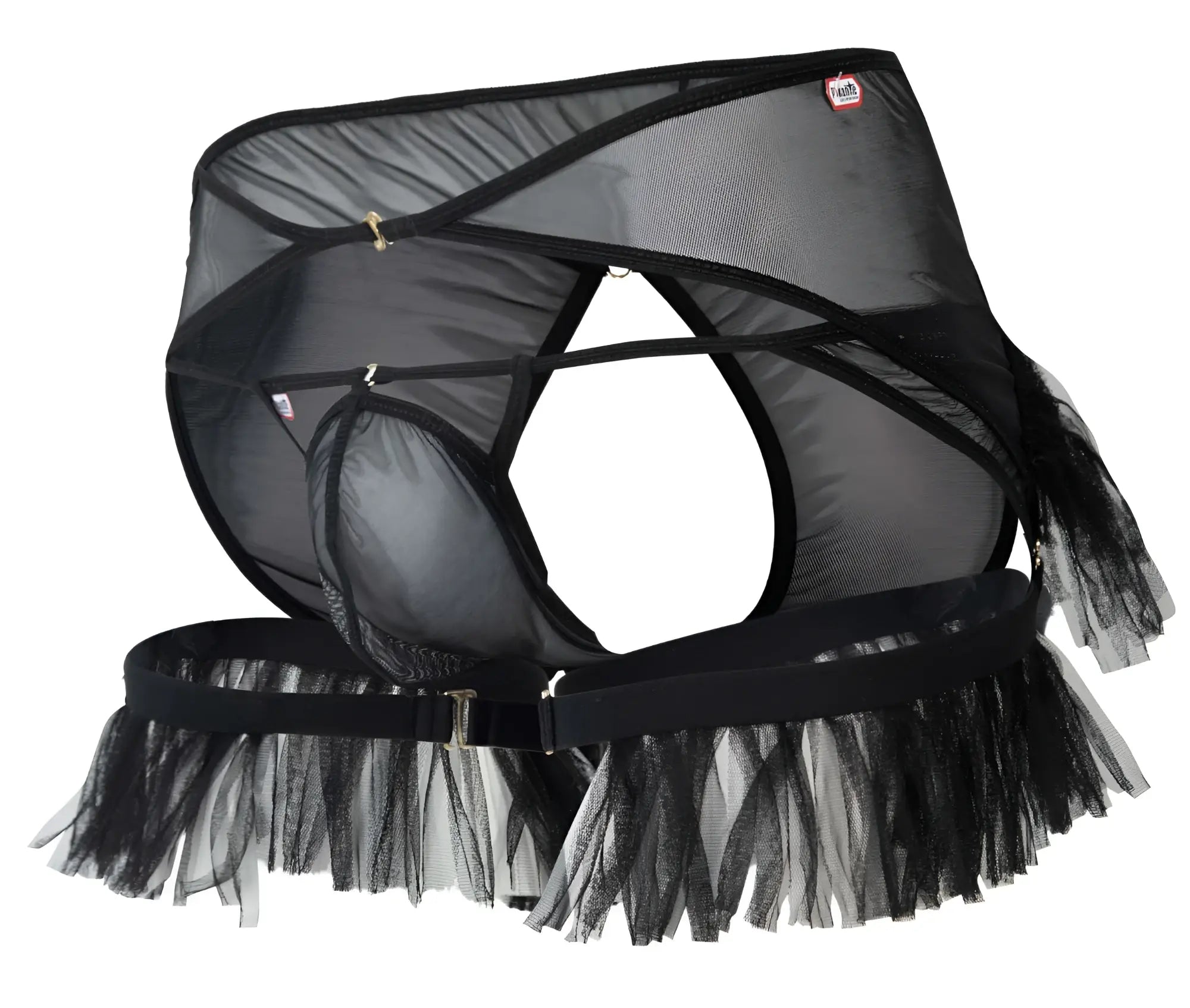 Black mesh Pikante PIK 1294 Greenman jockstrap with tulle fringe and adjustable straps in black color
