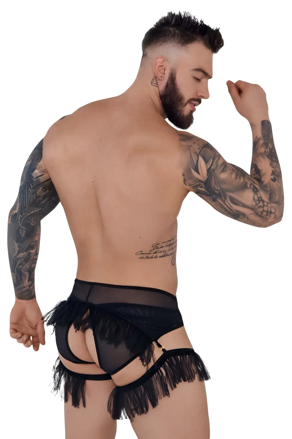 Black sheer lace garter belt with fringed detailing from pikante pik 1294 greenman jockstrap color black