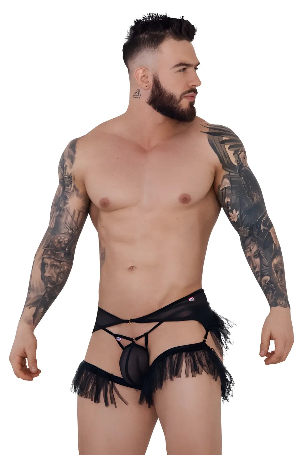 Black sheer lace thong with fringe detailing from pikante pik 1294 greenman jockstrap in black shown from the back