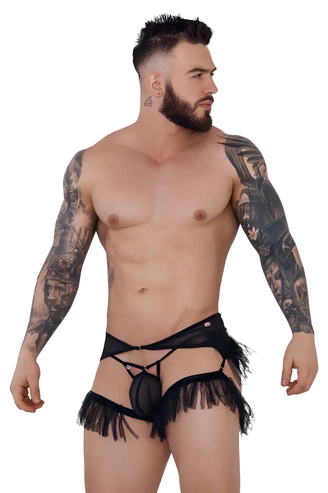 Black sheer lace thong with fringe detailing from pikante pik 1294 greenman jockstrap in black shown from the back