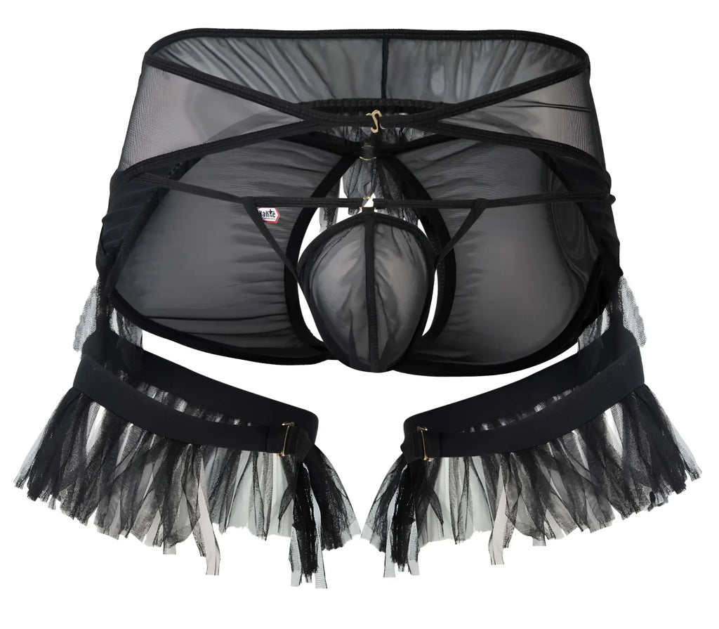 Black sheer mesh men’s lingerie pikante pik 1294 greenman jockstrap with tulle fringe and adjustable straps