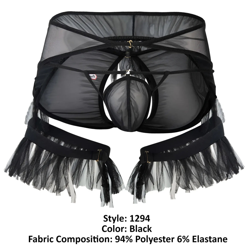 Pikante pik 1294 greenman black sheer mesh men’s lingerie with tulle fringe and adjustable straps on the back side
