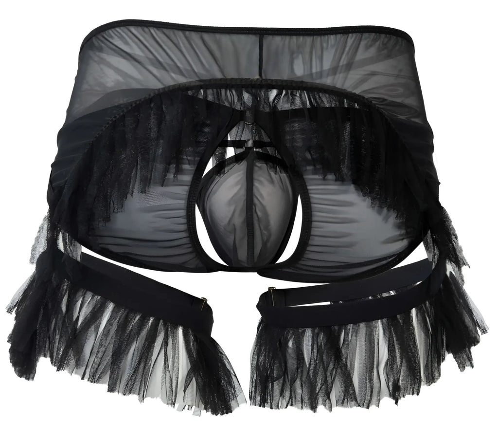 Pikante pik 1294 greenman black jockstrap featuring black sheer tulle lingerie with fringed edges and a central mesh panel
