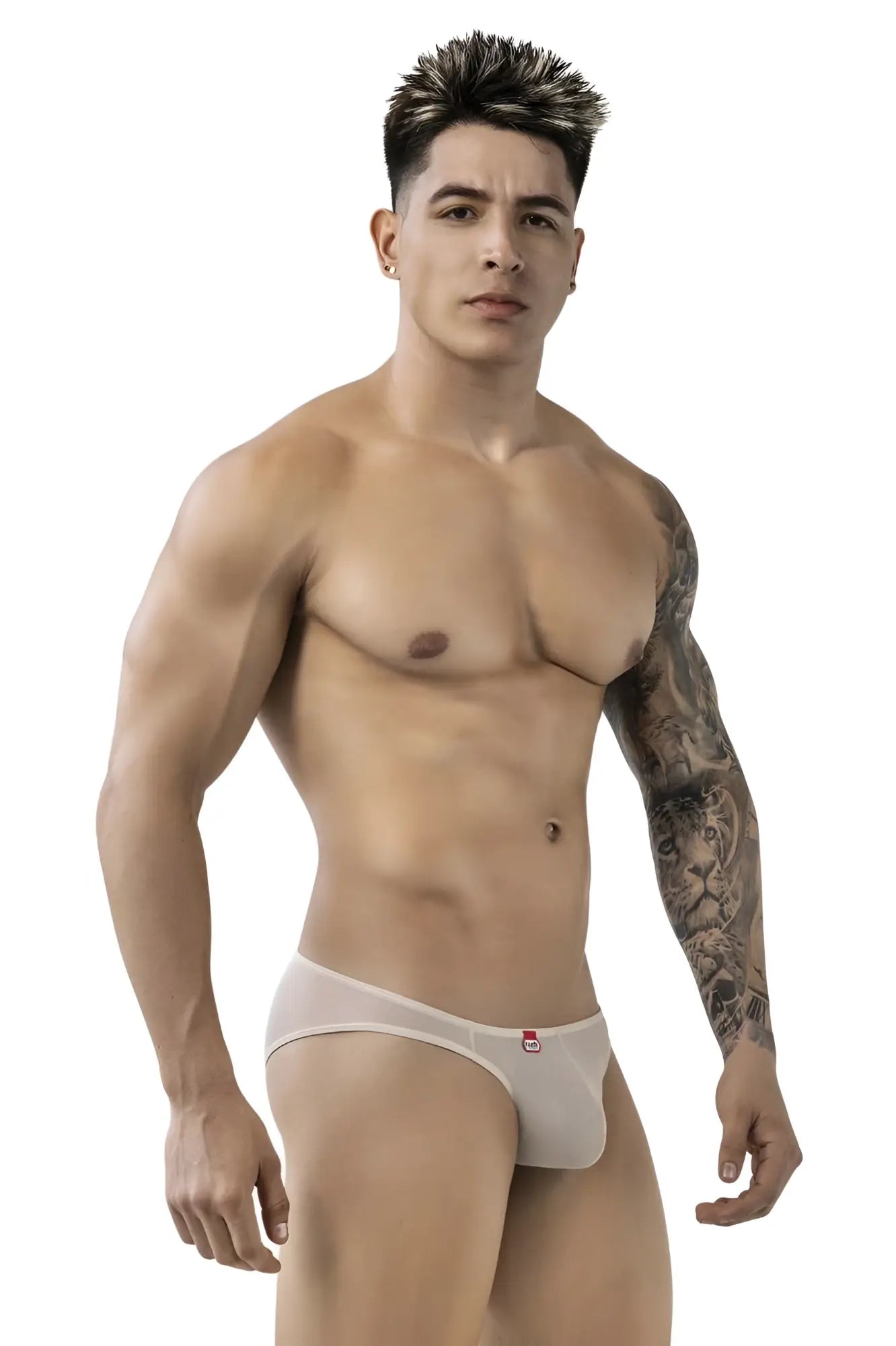 Beige Pikante PIK 1822 luxury briefs made of mesh fabric featuring a small red logo on the waistband