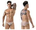 Beige pikante pik 1822 luxury briefs in white sheer mesh with a small red logo on the waistband