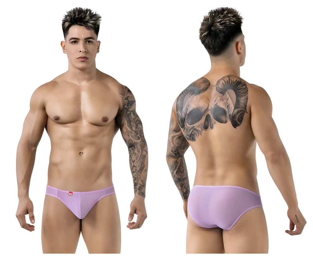 Lavender-colored sheer mesh briefs with a small red logo on the front from Pikante PIK 1822 luxury briefs color lilac