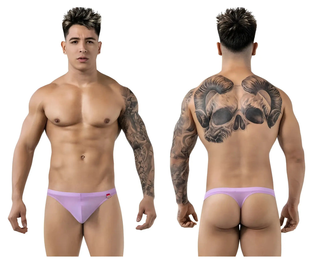 Lavender-colored form-fitting briefs with a red logo on the left hipband by pikante pik 1823 luxury thongs color lilac