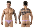 Lavender-colored form-fitting briefs with a red logo on the left hipband by pikante pik 1823 luxury thongs color lilac