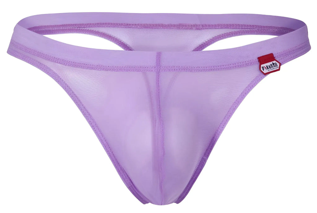 Lavender mesh thong with red and white pikante brand tag on waistband from pikante pik 1823 luxury thongs lilac collection