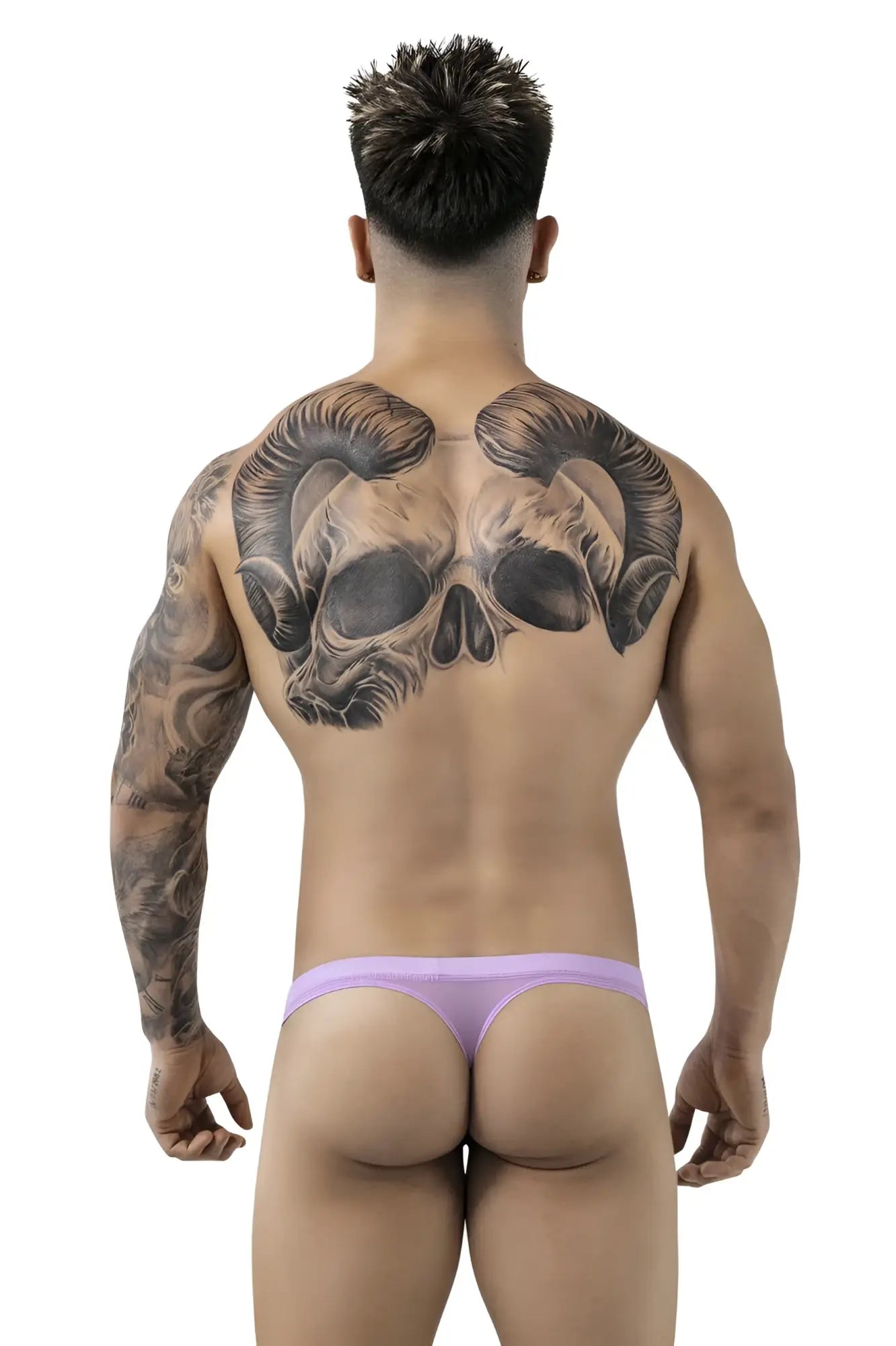 A man wearing a lavender-colored form-fitting luxury thong from Pikante PIK 1823 shown from the back side