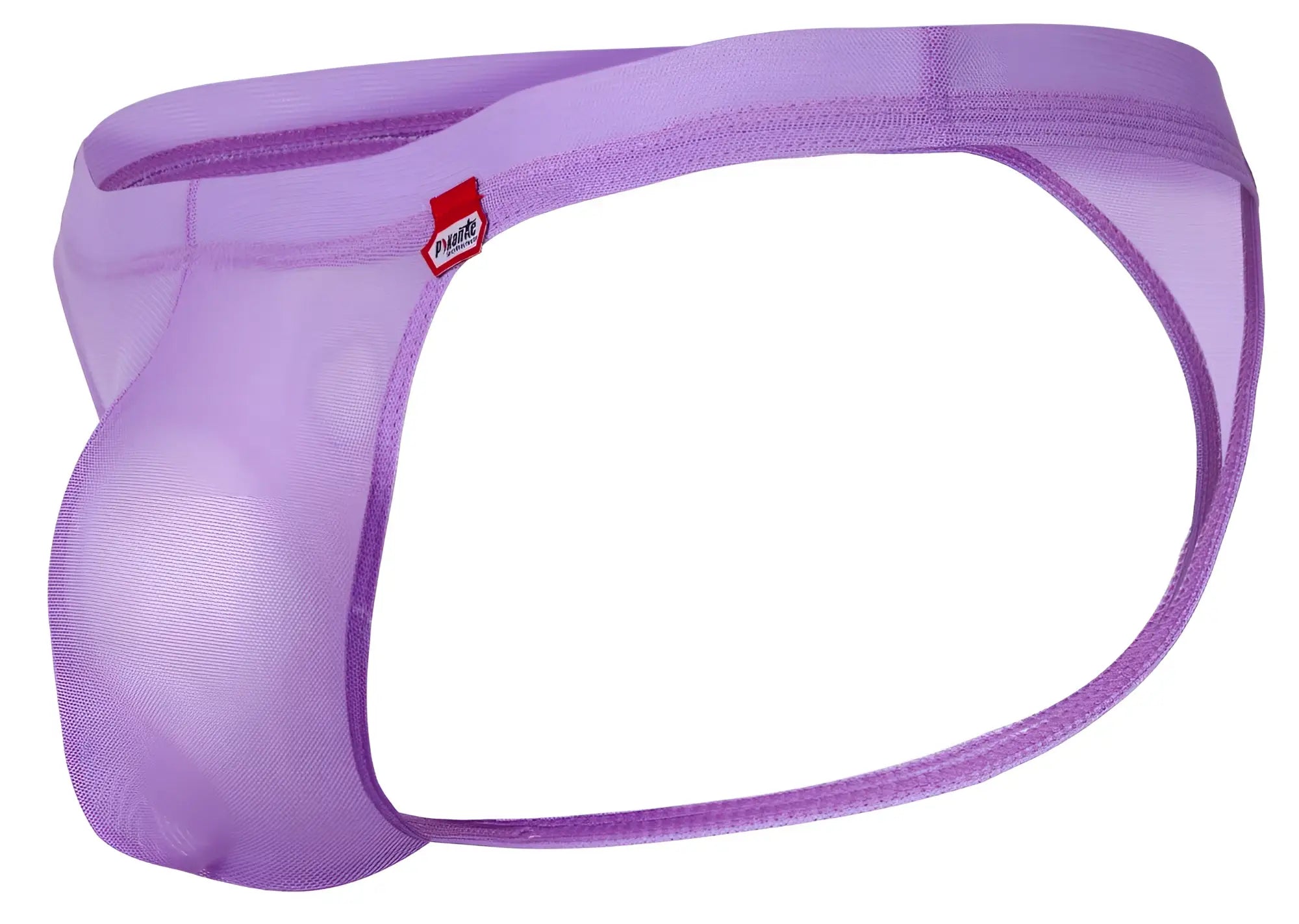 Purple mesh briefs with a red and white Pikante brand tag on the waistband in lilac luxury thongs style