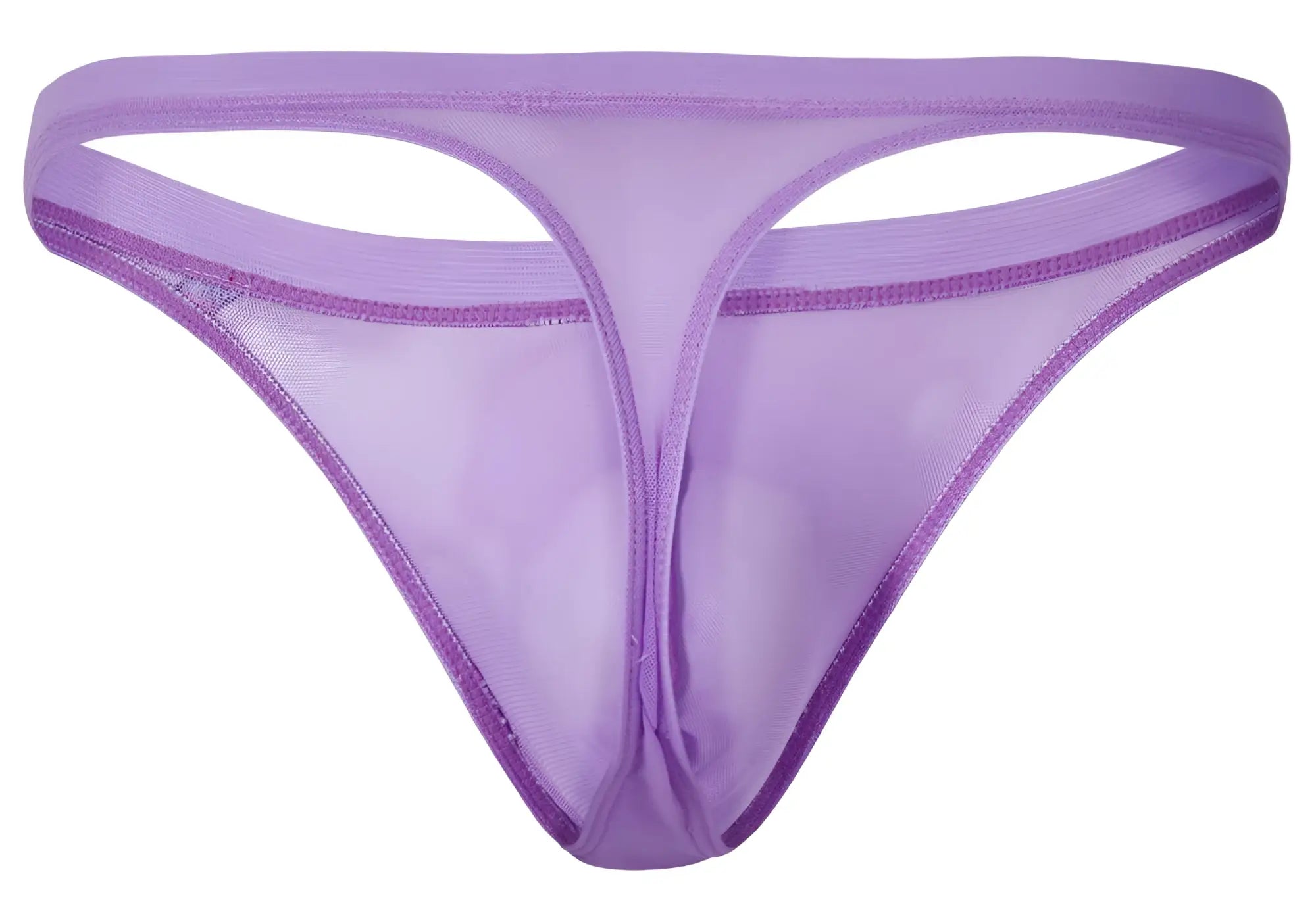 Purple sheer mesh thong with solid lilac elastic waistband and trim from pikante pik 1823 luxury thongs collection