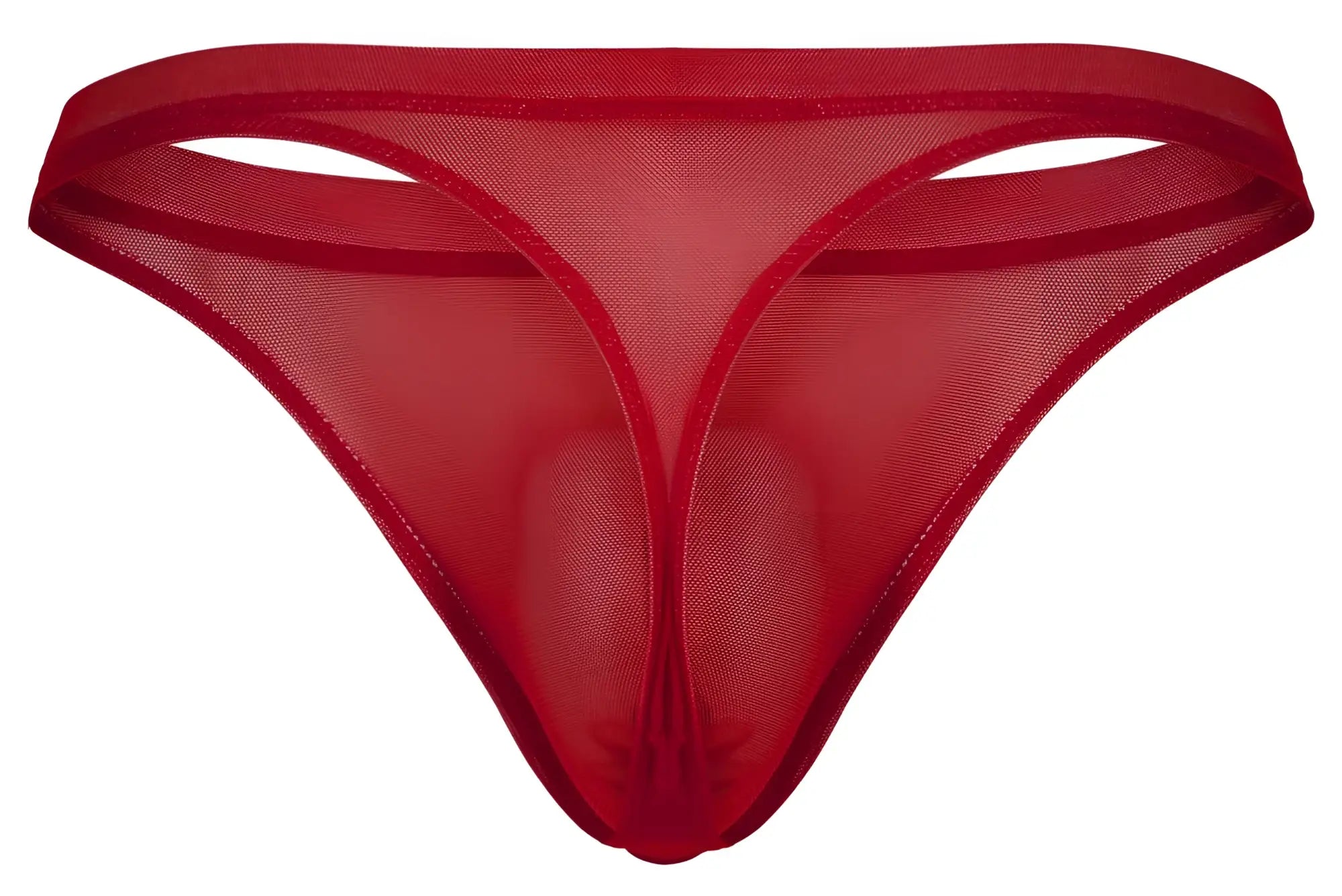 Red sheer mesh thong with smooth opaque red trim along edges from pikante pik 1823 luxury thongs collection