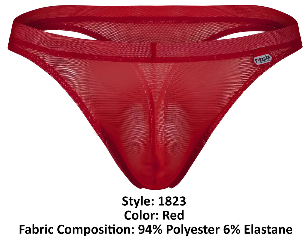 Red sheer mesh thong with solid red elastic waistband from pikante pik 1823 luxury thongs collection front view