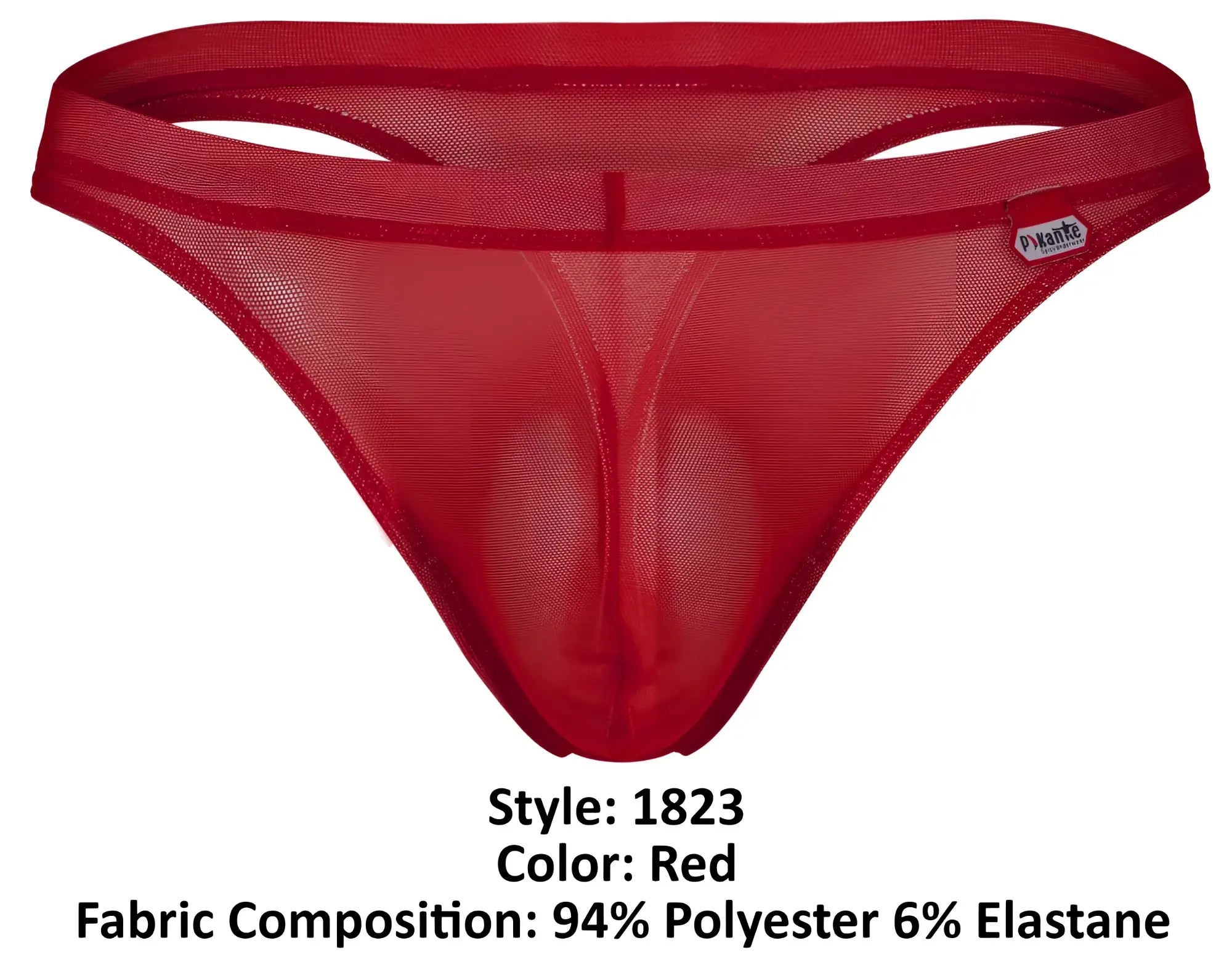 Red sheer mesh thong with solid red elastic waistband from pikante pik 1823 luxury thongs collection front view