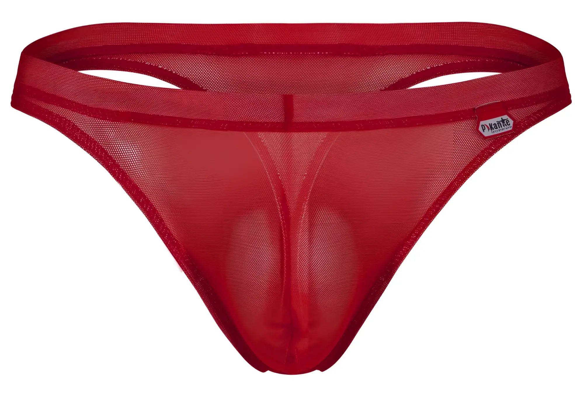 Red sheer mesh thong with solid elastic waistband and side brand tag from pikante pik 1823 luxury thongs in red