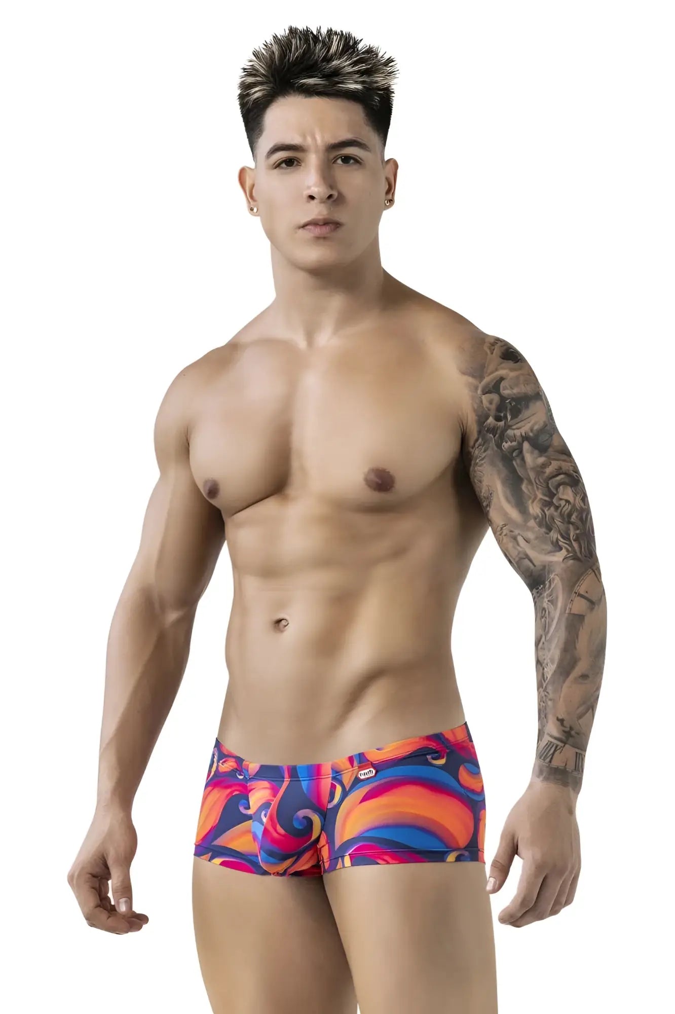 Vibrant pikante pik 1826 kracent trunks featuring bold orange blue and purple swirl abstract patterns for men