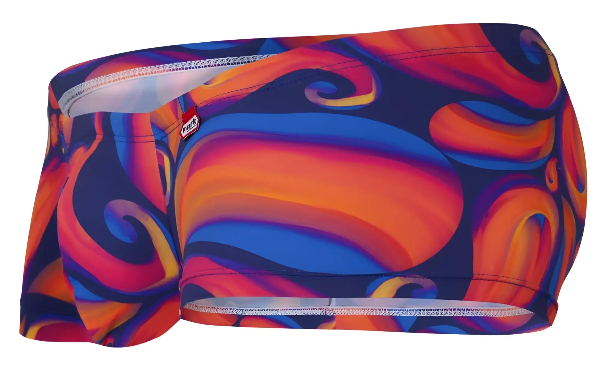 Vibrant pikante pik 1826 kracent swim trunks in bold orange blue and purple abstract swirls with elastic waistband