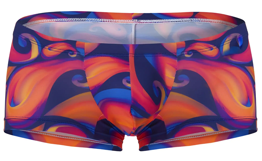 Vibrant pikante pik 1826 kracent trunks in bold orange and blue swirl abstract pattern swimwear for men