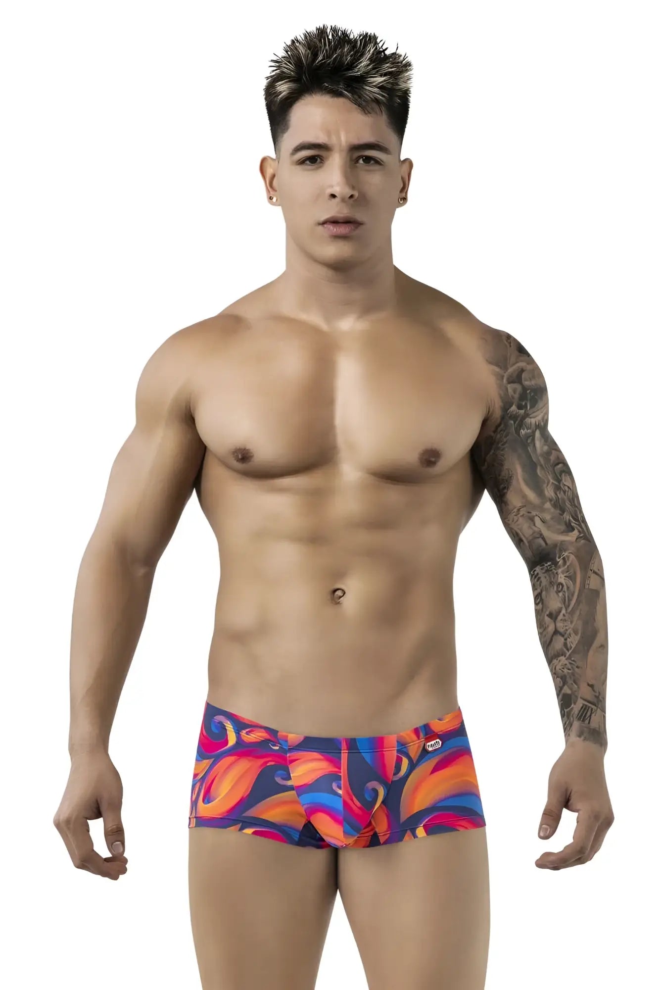 Vibrant pikante pik 1826 kracent swim trunks in bold orange with abstract blue and purple patterns