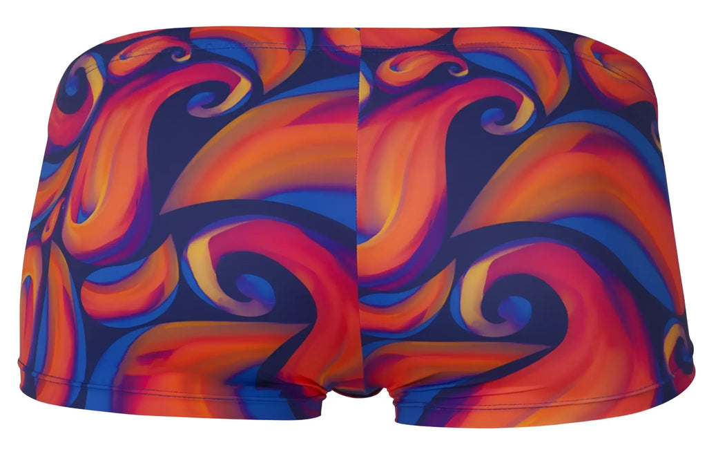 Vibrant pikante pik 1826 kracent trunks in bold orange red and blue swirl pattern swimwear for men