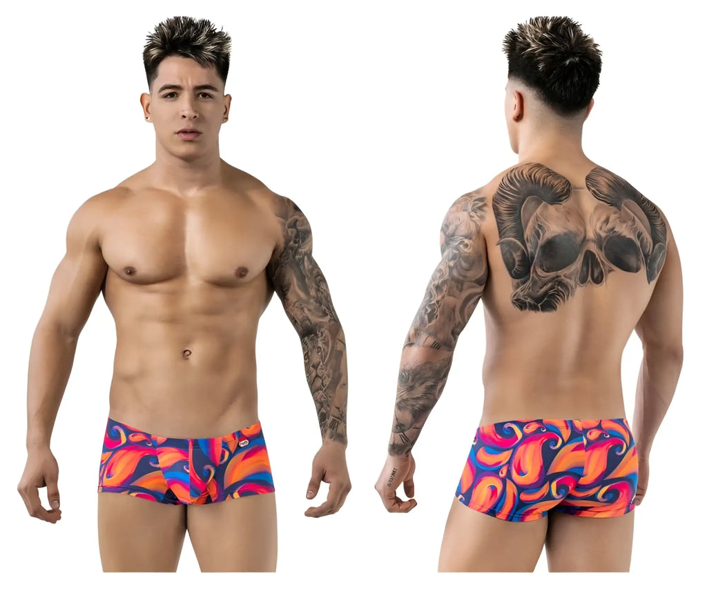 Pikanțe pik 1826 kracent trunks in vibrant orange with blue and purple flame pattern swim shorts for men