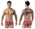 Pikanțe pik 1826 kracent trunks in vibrant orange with blue and purple flame pattern swim shorts for men