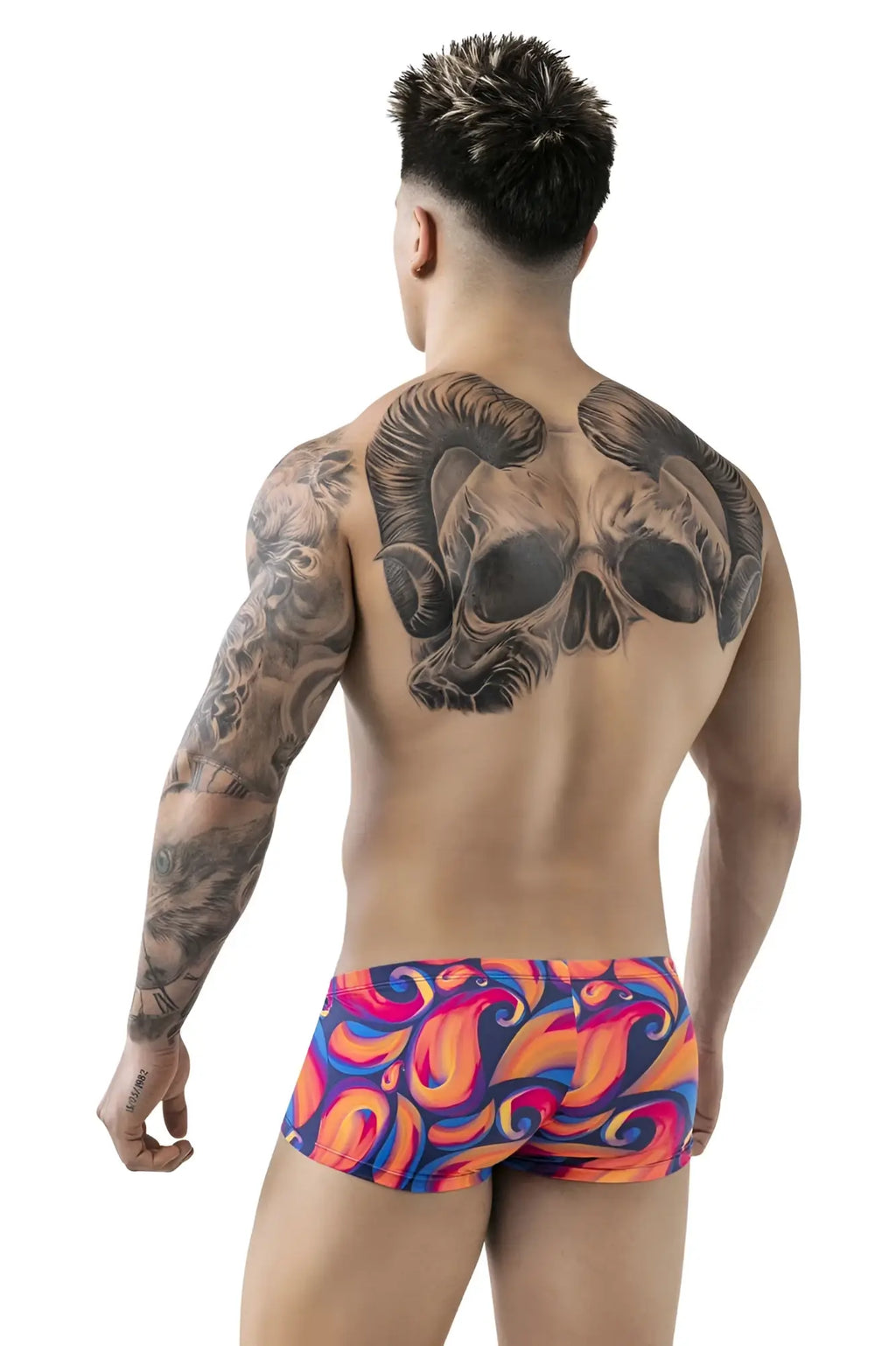 Vibrant swirling orange and purple patterned swim trunks pikante pik 1826 kracent trunks color orange front view
