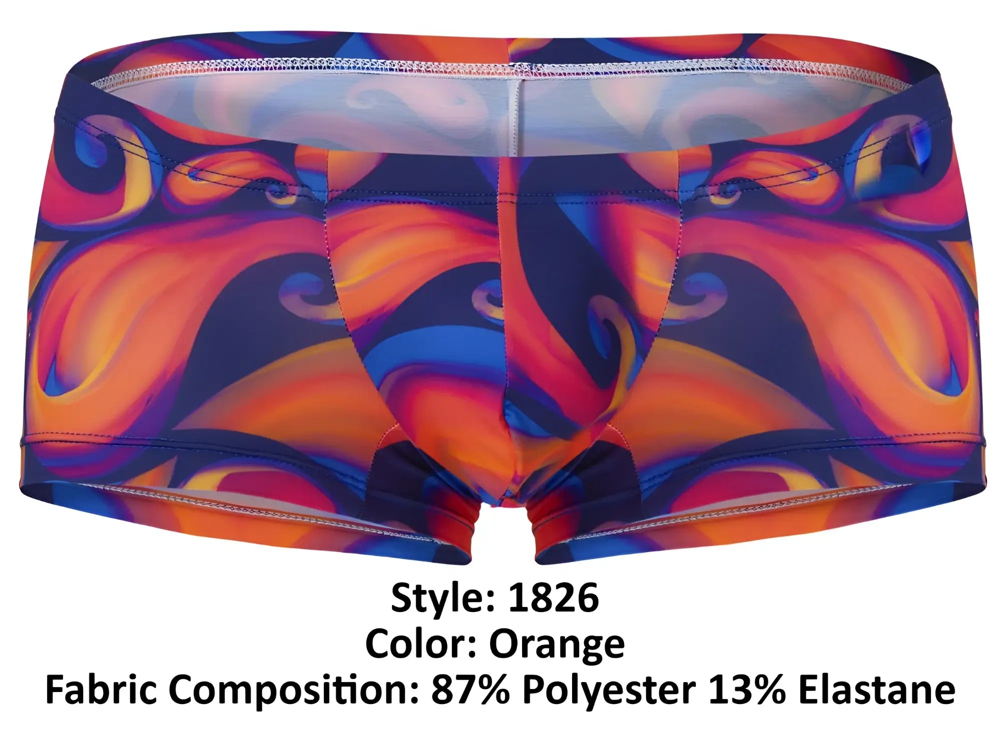 Vibrant orange pikante pik 1826 kracent trunks with psychedelic blue purple and red swirl swimwear design