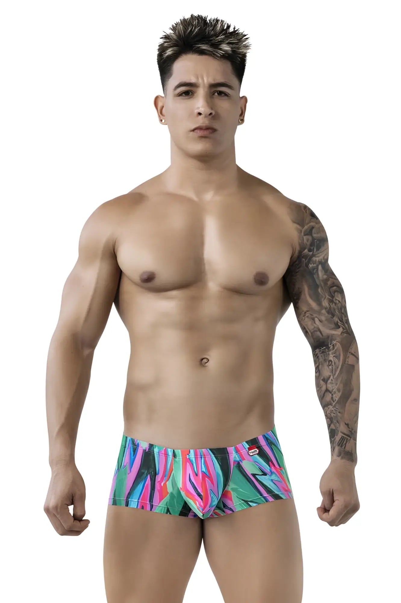 Pikante PIK 1828 abstract trunks briefs in vibrant pink teal and black tropical geometric print with green base