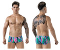 Vibrant pikante pik 1828 abstract swim trunks with neon green pink and blue patterns for bold beachwear