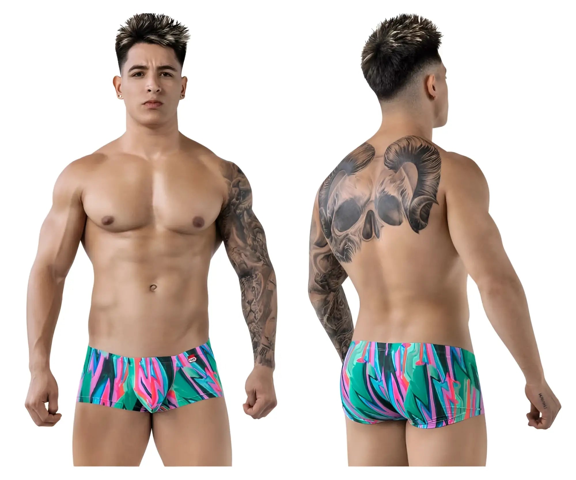 Vibrant pikante pik 1828 abstract swim trunks with neon green pink and blue patterns for bold beachwear