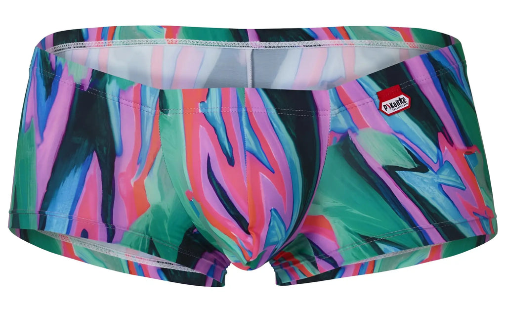 Vibrant abstract-patterned pikante PIK 1828 men’s swim trunks in green with bold pink blue black hues and glossy finish