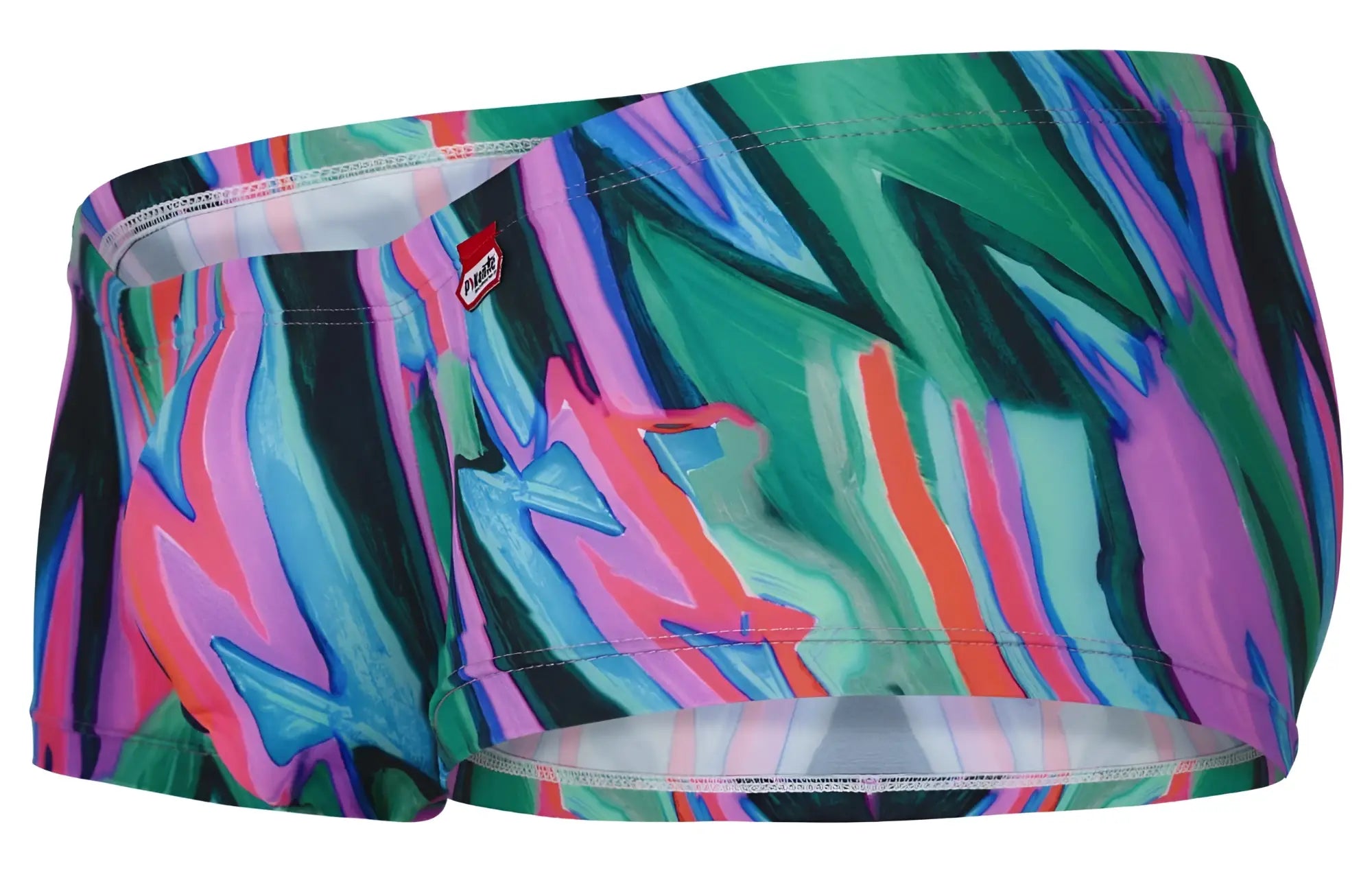 Pikante pik 1828 abstract trunks in vibrant green with bold multicolor patterns and a glossy finish